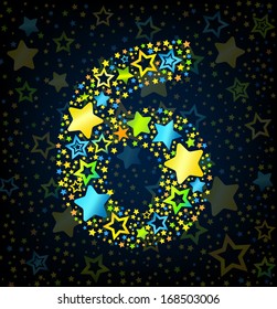 Number 6 cartoon kid style vector font with  colored  stars