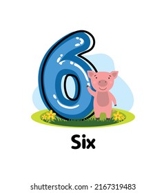 Number of 6 cartoon in vector illustration. Kindergarten numeral typography design with clipart style. Six number clipart with cartoon animal using preschool kids page. Number counting.