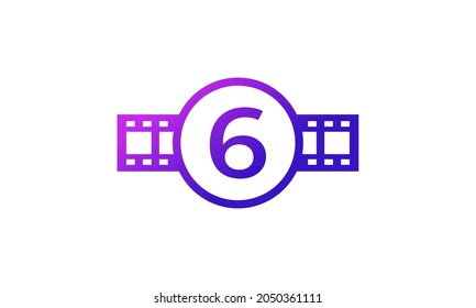 Number 6 Circle with Reel Stripes Filmstrip for Film Movie Cinema Production Studio Logo Inspiration