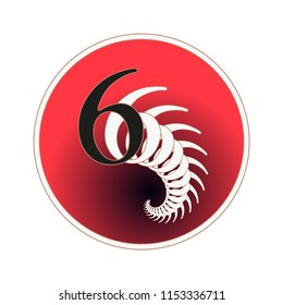 number 6 circular label with fractal spiral tail pattern in red and white