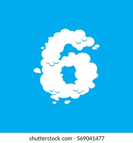 Number 6 cloud font symbol. White sign six on blue sky