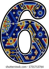 number 6 with colorful dots. Abstract design inspired in mexican huichol art style isolated on white background