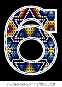 number 6 with colorful dots abstract design inspired in mexican huichol art style isolated on black background