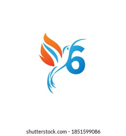 Number 6 combined with the fire wing hummingbird icon logo design