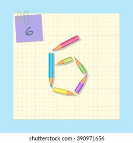 The number 6 consists of colored pencils. The number 0. Vector illustration