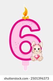 Number 6 with cute bunny and candle on white background. Vector illustration.