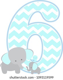 number 6 with cute elephant and little baby elephant isolated on white. can be used for father's day card, baby boy birth announcements, nursery decoration, party theme or birthday invitation