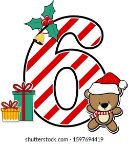 number 6 with cute teddy bear and christmas design elements isolated on white background. can be used for holiday season card, nursery decoration or christmas celebration invitation