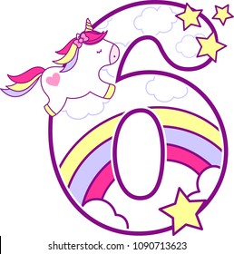 number 6 with cute unicorn and rainbow. can be used for baby birth announcements, nursery decoration, party theme or birthday invitation. Design for baby and children