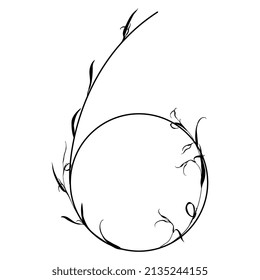 Number 6. Digit six. Botanical digit. Beautiful floral font with delicate leaves or branches of grass. Isolated vector illustration. Black silhouette on white background.