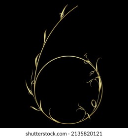 Number 6. Digit six. Botanical digit. Beautiful floral font with delicate leaves or branches of grass. Golden glossy silhouette on black background. Isolated vector illustration.