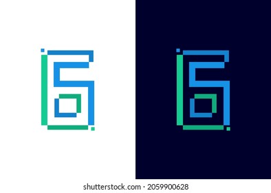 Number 6 digital logo. Technology design with pixel icon. Number six electric font