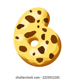 Number 6 in donut font vector illustration. Design of number from chocolate donut or cookie with icing. Food, dessert, typography concept for bakery or cafe