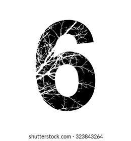 Number 6 double exposure with white tree isolated on black background.Vector illustration.Black and white double exposure silhouette lettering combined with photograph of nature. Letters  alphabet.