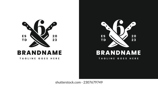 Logotipo de doble Cuchillo número 6, adecuado para cualquier negocio relacionado con el cuchillo con 6 inicial.