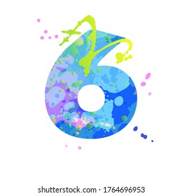 Number 6 with effect of liquid spots of paint in blue, green, pink colors, isolated on white background. Decoration element for design of a flyer, poster, calendar, cover, title. Vector EPS10