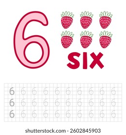 Número 6. Livro de entretenimento. Página para desenvolver a escrita infantil. Ensinando as crianças a escrever números.