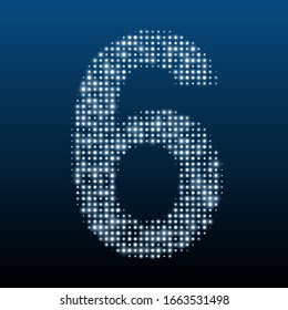 The number 6 is evenly filled with white dots of different sizes. Vector illustration on blue background