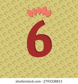 NUMBER 6 expressive character artwork enhanced by petaled crest frame and edge triangle framed grid accents pattern