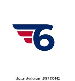 Nummer 6 mit dem Logo-Design-Element "Fast Wings"auf weißem Hintergrund, Vektorgrafik