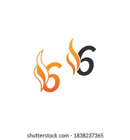 Número 6 y ondas de incendio, plantilla de diseño de concepto de icono de logotipo