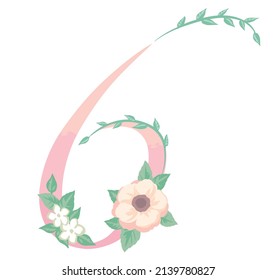 Número 6. Tipo de letra Flolal. Ilustración vectorial.
