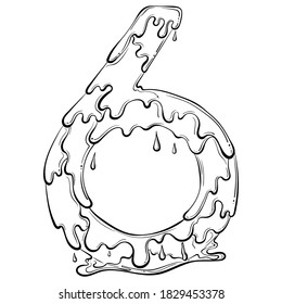 Number 6 with flow drops and goo splash. Dripping liquid symbol. Vector trendy font made in hand drawn line art style isolated on white background. Slime logo or initial letter.