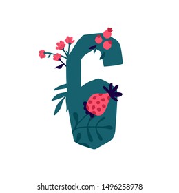 Number 6 in flowers and plants. Vector. Number in decorative elements for inscriptions. Company logo. Poster or monogram. Health and beauty. Eco products. Flower shop.