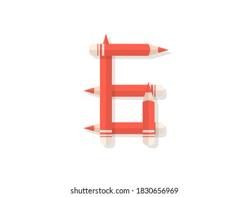 Number 6 font made of pencils. Vector design element for logo, banner, posters, card, labels etc. 