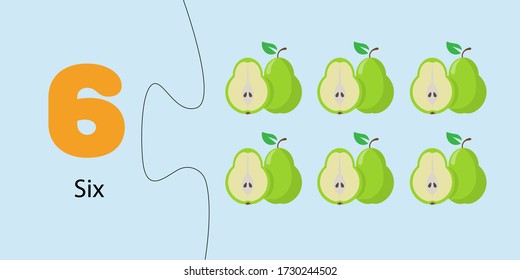 Number 6, Fruit cards with numbers six, worksheet for children who are learning to count. Six pears on blue background Vector illustration