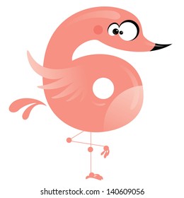 Number 6 funny flamingo standing in one leg