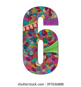 Number 6 with hand drawn abstract doodle pattern. Vector illustration.