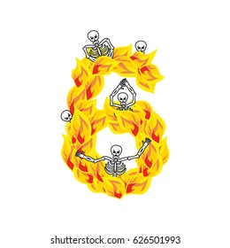 Number 6 hellish flames and sinners font. Fiery lettering six. Infernal fire alphabet. ABC devilish flame of Death Satanic and skeleton