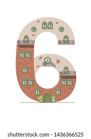 Number 6 house isolated on white background. Vertical portrait A4 page. Printable.