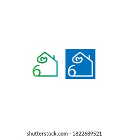Number 6 house with love icon logo template