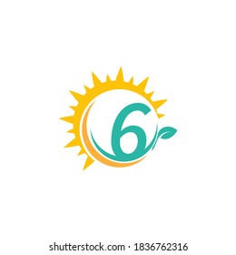 Logo del icono número 6 con hoja combinada con el concepto de diseño de la luz solar