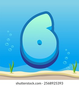 Number 6 Illustration with Gradient Blue Background, Bubbles, and Ocean Floor Details Featuring Sand and Seaweed