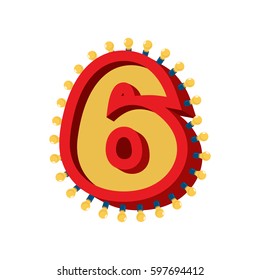 Number 6 lamp glowing font. Vintage light bulb alphabet sign six. Retro ABC sparkling lights
