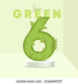 Number 6 leaves and branches on the stand. Leaves font. 6 symbol with green plant texture. Eco symbol collection. Vector design piece and template illustration.