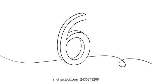 Number 6 line art drawing on white background. 6th birthday continuous drawing contour. Minimal vector illustration