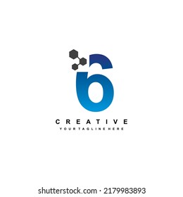 Number 6 logo design with elegant and luxurious style. Blue Geometric Shapes with Hexagon Pixel Points. suitable for Business Logo, Technology, company. Logo Template Elements. number design