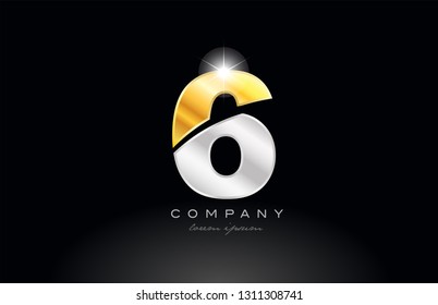 number 6 logo icon design with gold silver grey metal on black background suitable for a company or business