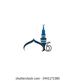 Number 6 logo icon with mosque design illustration vector