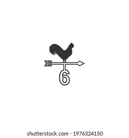 Number 6 logo with rooster wind vane icon design vector template