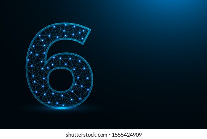 Number 6 low poly design, mathematics abstract geometric image, six wireframe mesh polygonal vector illustration made from points and lines on dark blue background