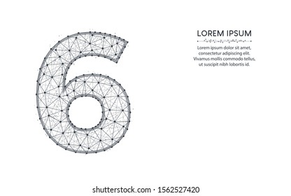 Number 6 low poly design, mathematics abstract geometric image, six wireframe mesh polygonal vector illustration made from points and lines on white background