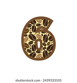 Número 6 hecho de granos de café vector conjunto, logotipo seis granos de café