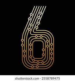Number 6 Made of Gold Circuit Board Representing Electronic and Digital Data