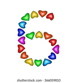 Number 6 made of multicolored hearts on white background
