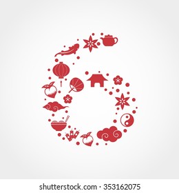 Number 6 made from red chinese ornaments. Vector illustration layered for easy manipulation and custom coloring.
